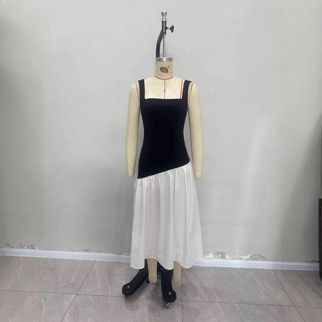 Sleeveless black and white contrasting long skirt