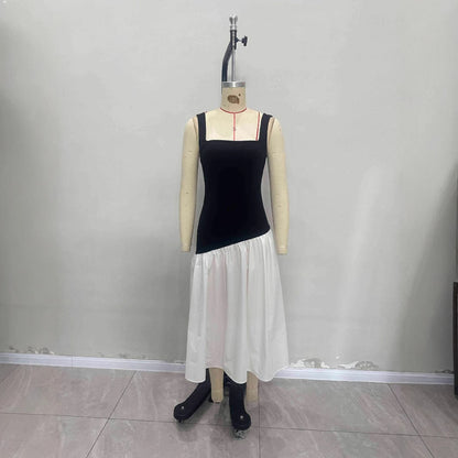 Sleeveless black and white contrasting long skirt