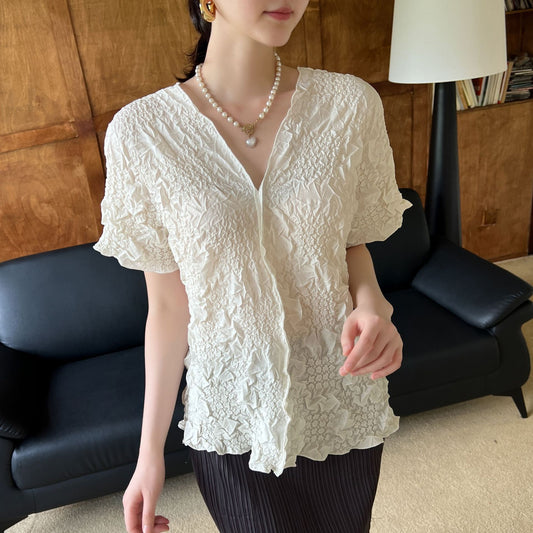 Clothing  Soft Fabric V-Neck Top with Hand Embroidery and Pleated Design Casual Everyday WearShort Sleeve