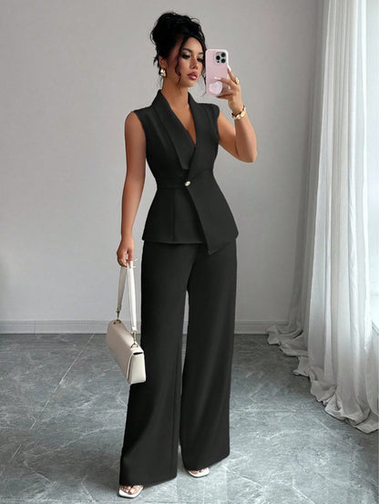Sleeveless suit straight leg pants two-piece set