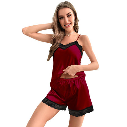 Women's Homewear Satin Lace Strap Nightdress Summer Short Pants Set