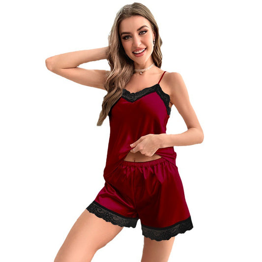 Women's Homewear Satin Lace Strap Nightdress Summer Short Pants Set