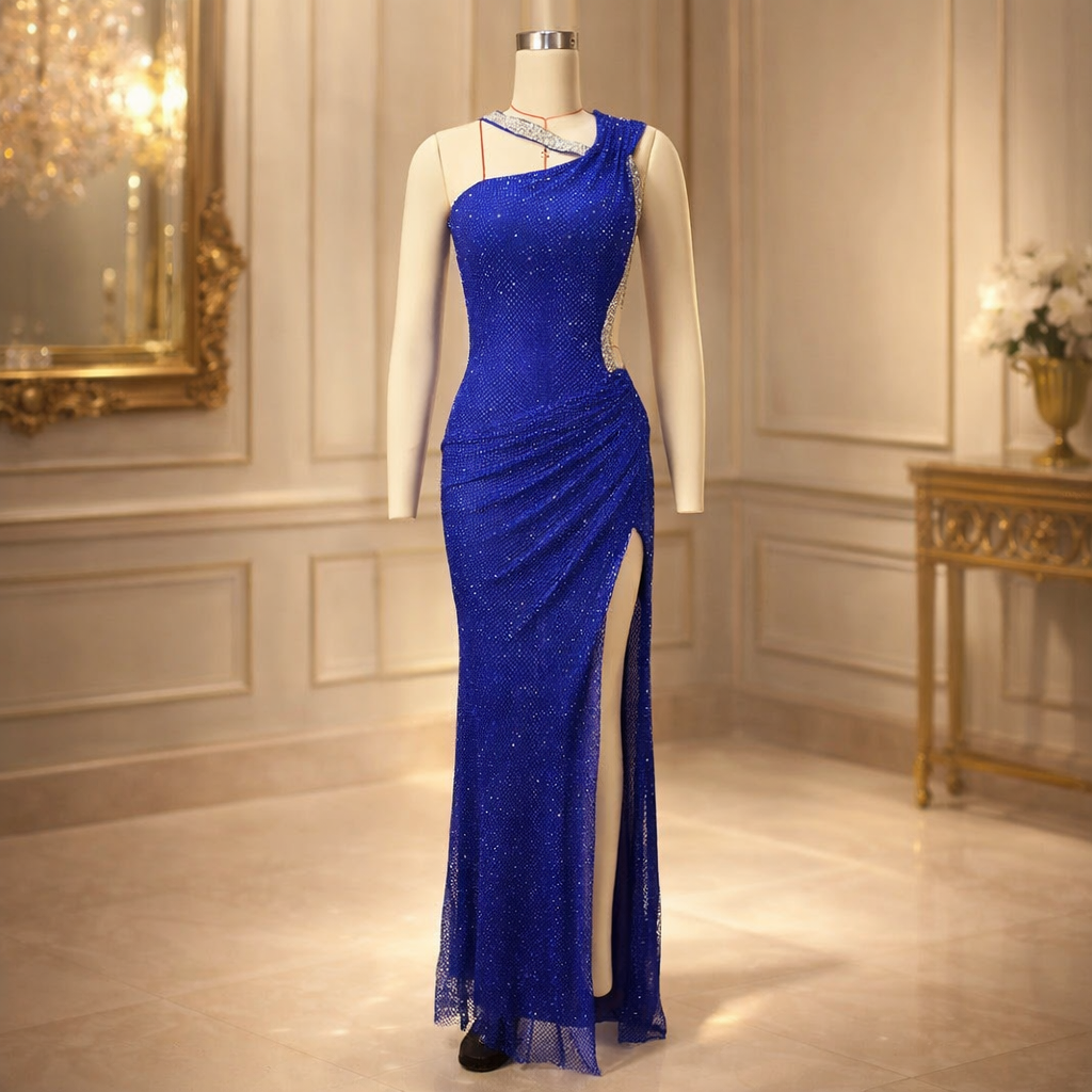 Fashion Backless One-Shoulder Rhinestone Decorated Fitted Sleeveless Pleated Slit Long Bodycon Dress for Women