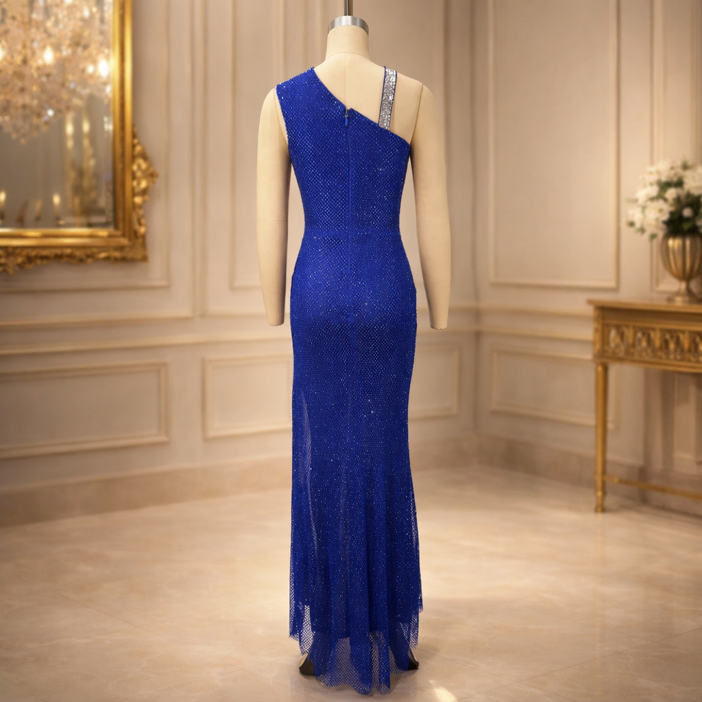 Fashion Backless One-Shoulder Rhinestone Decorated Fitted Sleeveless Pleated Slit Long Bodycon Dress for Women