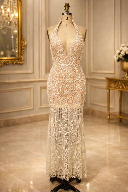 Fashion Sequin Women's Halter Sexy Sleeveless Sequin Fitted Long Bodycon Party Dress