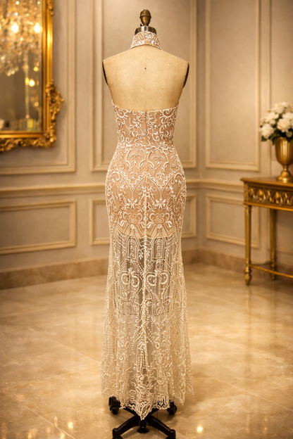 Fashion Sequin Women's Halter Sexy Sleeveless Sequin Fitted Long Bodycon Party Dress