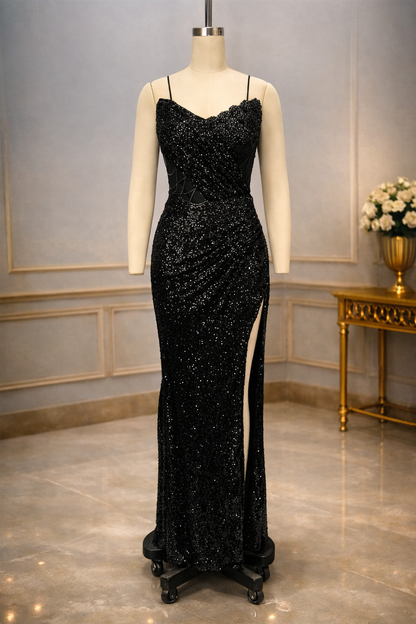 Spring and Summer New Women's Off-the-Shoulder Sequined Sexy Evening Dress Halter Sequined Sleeveless Party Dress Long Skirt